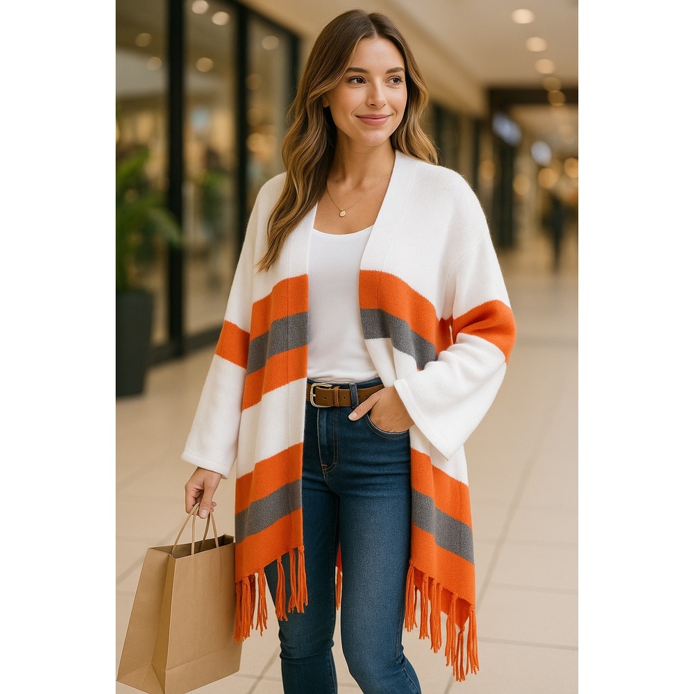Striped Fringe Kimono Cardigan Sweater Shawl Orange Gray White Womens Large Boho